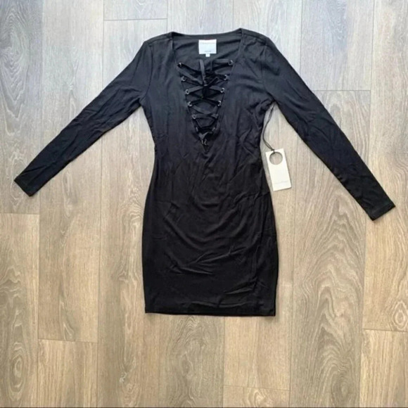 Revolve Privacy Please Glendale Mini Dress Lace Up Bodycon Black ribbed knit XS - Picture 2 of 15